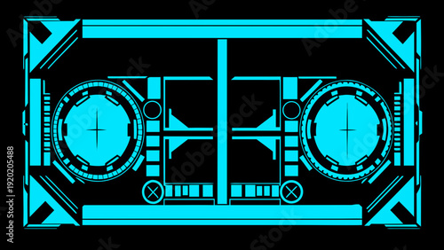 A glowing neon blue illustration of a vintage cassette tape
