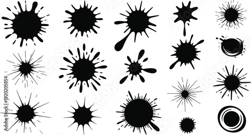 Ink splatter silhouette vector illustration, paint blot designs, artistic texture elements, abstract creative artwork, black graphic design icon