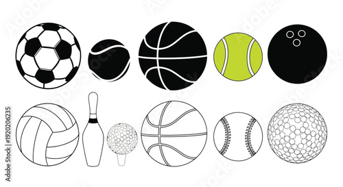 Collection of various sports balls and equipment in a linear style