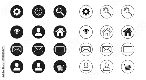 Collection of black and white circular icons representing various settings and functions