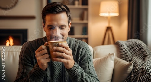 Man Relaxing with Coffee by Fireplace.