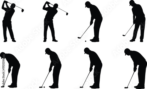 Set of black silhouettes of a professional male golfer in different action poses swinging a club and putting, vector illustration.
