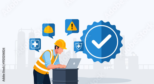 Safety Inspection Worker Analyzing Data with Security Check Icon