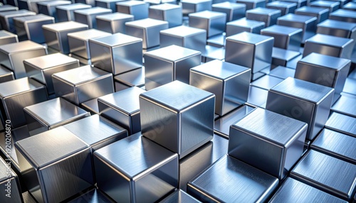 A striking FlyPro Firefly collection of precisely cut, unpolished metal cubes, arranged in a rigid, geometric pattern, powerfully symbolizing regulated trade and industrial order.