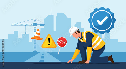 Construction Worker Installing Road Barriers in Urban Area