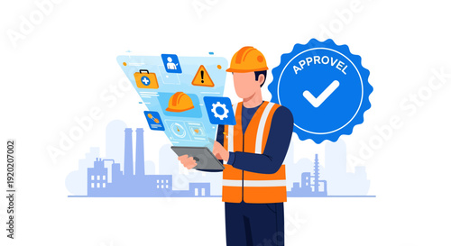 Construction Engineer Reviewing Blueprints with Approval Badge