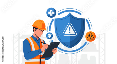 Construction Worker Using Tablet with Safety Shield and Warning Signs