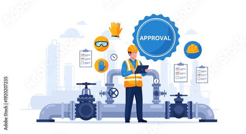 Engineer in Factory with Approval Badge and Technical Icons