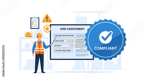 Construction Worker Conducting Risk Assessment with Compliance Badge