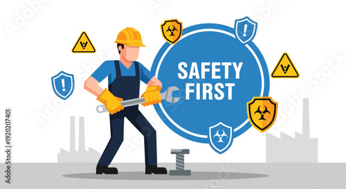 Construction Worker Engaged in Safety First Signage with Protective Gear