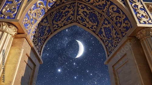 Ornate Golden Islamic Archway with Blue Intricate Patterns Under a Starry Night Sky with a Crescent