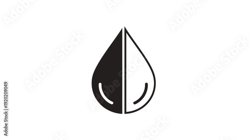 Monochrome water drop icon with split black and white design.