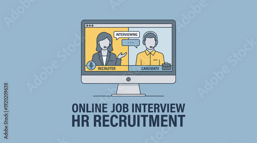 Illustration of an online job interview and HR recruitment process conducted via video conference on a computer screen.