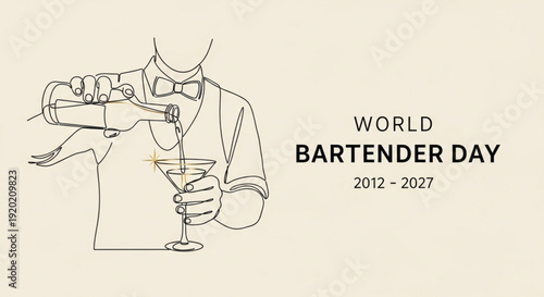 Bartender pouring drink on world bartender day with cocktail glass and bottle