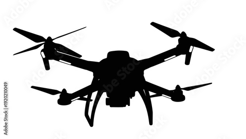 Silhouette of a modern drone with four propellers isolated on white.