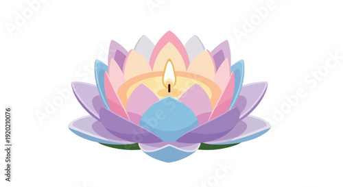 A colorful lotus flower candle holder with a lit wick on a plain white background in a flat lay composition with pastel tones.