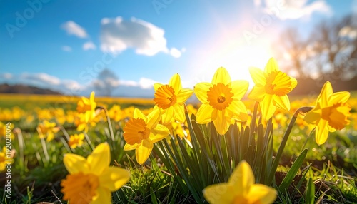 Vibrant yellow daffodils bloom in a lush green meadow under a bright blue sky with sunlight shining down