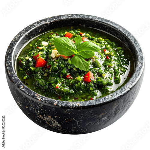 Vibrant green chimichurri sauce with red pepper flakes in a dark stone bowl