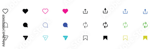Like icon, Reply, Repost, Save, Share icon signs, Social media notification Like comment, Share icons. Social network post reactions collection set