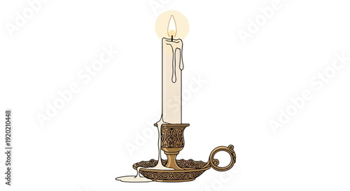 A bronze oil lamp with a handle and ornate details on a white background, lit from within.