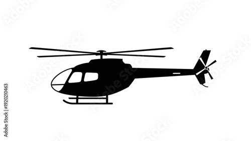 Silhouette of a modern helicopter in flight isolated on white background.