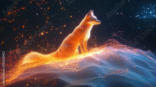 Glowing fox in a cosmic landscape with sparkling light trails at night
