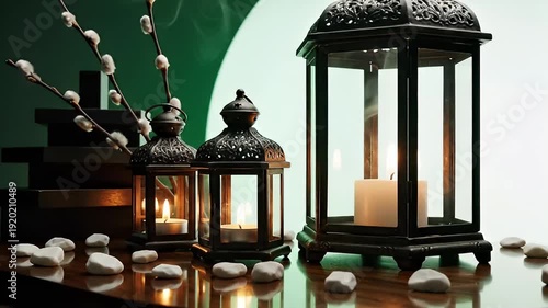 Decorative lanterns with candles and pussy willow branches on a wooden, creating a serene