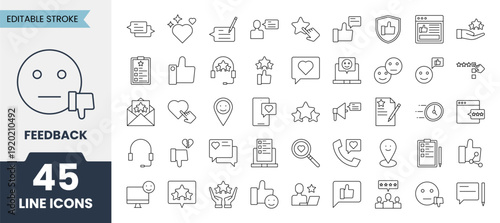 Feedback line icons set with editable stroke. Containing review, customer , testimonial, rating, performance, survey and more. Vector illustration
