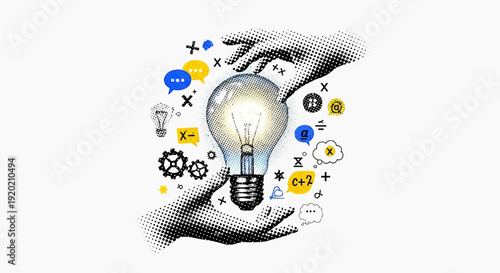 Creative hands surrounding a bright light bulb representing innovation and ideas.