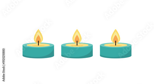 Three teal-colored candles with yellow flames against a plain white background in a flat lay composition.
