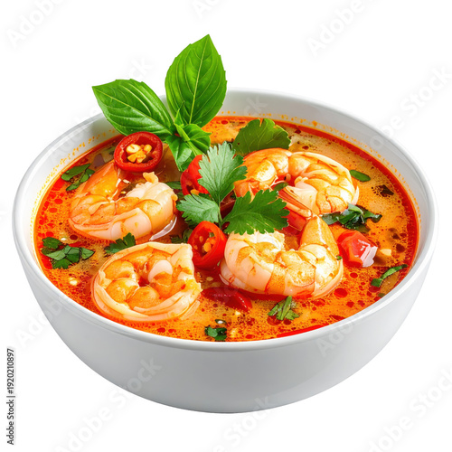 Delicious tom yum soup with shrimp, garnished with fresh parsley, isolated on white
