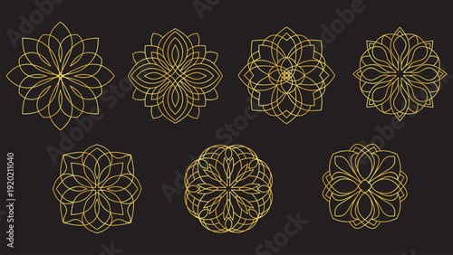 Golden Geometric Mandala Ornaments on Black Background