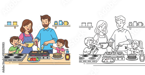 Vector illustration of a happy family making breakfast pancakes together in the kitchen, featuring both a colorful version and a black and white line art coloring page outline.