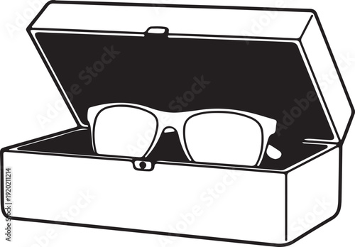 "Eyeglasses vector illustration showing glasses inside open protective case symbolizing vision care, personal accessory, and lifestyle"