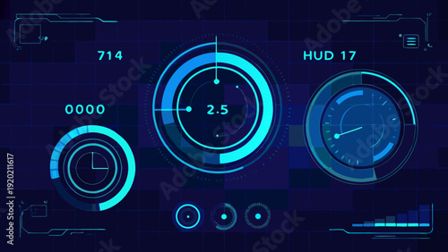 Futuristic user interface elements with glowing blue circles and digital readouts