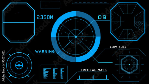 Futuristic heads up display with radar warnings and critical system information