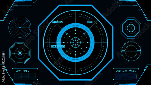 Futuristic targeting system display with a central oval and warning indicators