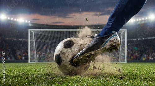 Dramatic penalty kick execution soccer stadium sports action nighttime environment close-up view power and precision