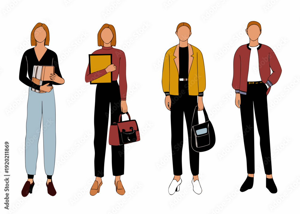 Fototapeta premium Four stylized figures showcasing diverse autumn fashion outfits and accessories