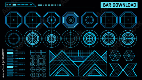 Futuristic interface elements with glowing blue hexagonal and triangular shapes