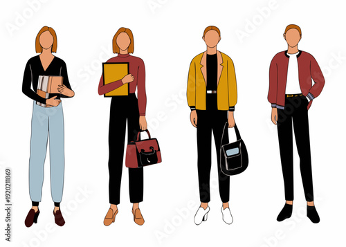 Four stylized figures showcasing diverse autumn fashion outfits and accessories