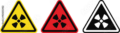 Radiation warning sign set with radioactive trifoil symbol in three colors 
