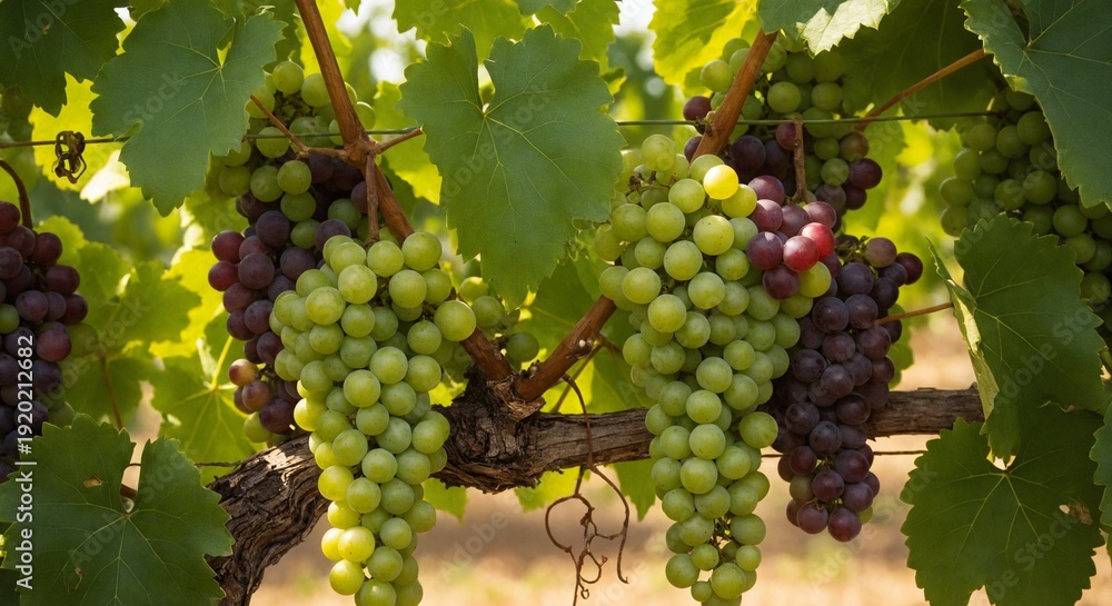 Fototapeta premium Vineyard grape clusters on vine leaves during harvest season