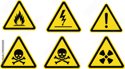 warning hazard symbols and safety icons in yellow triangles danger; industrial; fire; flammable; electricity; shock; caution; alert; toxic; poison; radiation; radioactive;