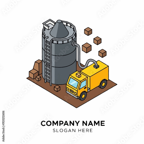 Industrial grain storage silo with truck loading facility and placeholder for company branding.