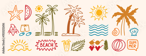 Doodle colorful line icons of palm trees, sun, waves, sunglasses, and beachwear. Palm trees and sun evoke a tropical vibe. Waves and beachwear suggest a summer theme. set, doodle.