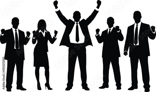 Business team celebrating success in silhouette against a white background