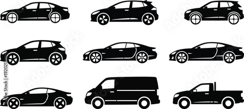 Silhouette of various cars and vehicles in black on a white background