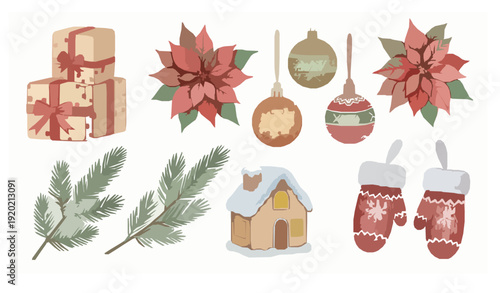 Watercolor Christmas set with fir branches gift box flowers balls house and mittens