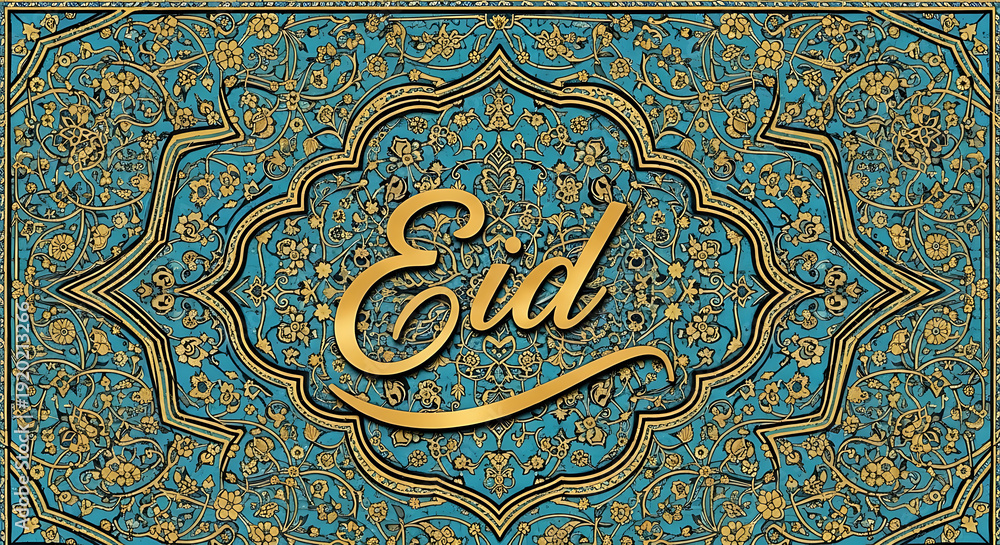 Obraz premium Eid celebration illustration with intricate patterns and designs on a decorative background viewed from directly above